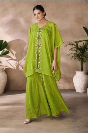 Organza Straight Suit in Parrot green  with Digital print SK155294