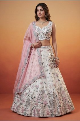 White Lehenga Choli in Organza with Embroidered LC9219
