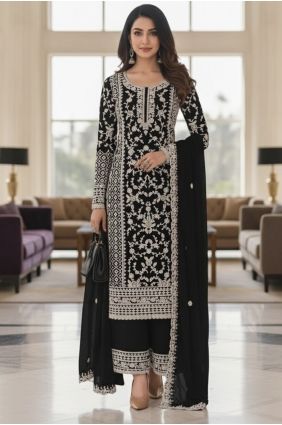 Net Palazzo Suit in Black with Embroidered PZ4464
