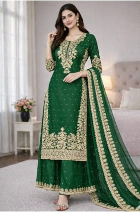 Sequins Silk Palazzo Suit in Green with Dupatta PZ4354