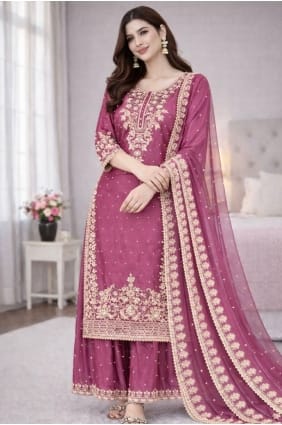Sequins Silk Pink Palazzo Suit with Dupatta PZ4332