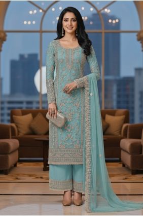 Palazzo Suit in Sky blue Net with Embroidered PZ4470