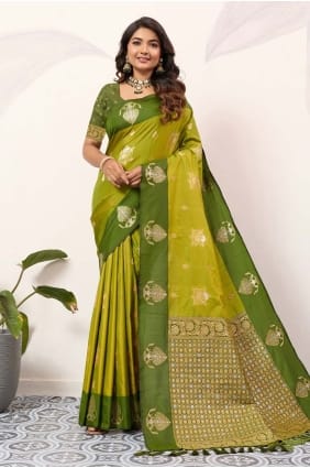 Silk Weaving Parrot green Saree with Blouse SR29657