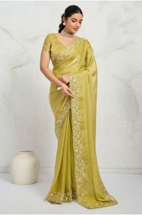 Zari,sequins Chiffon Saree in Parrot green SR29716