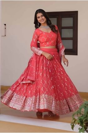Party Lehenga Choli in Off orange  Faux georgette with Embroidered LC8287