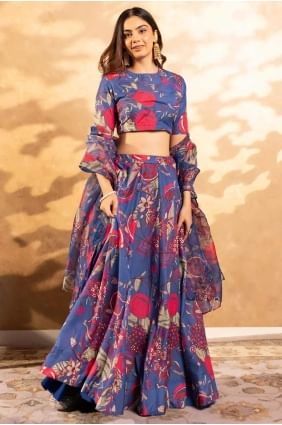 Party Lehenga Choli in Teal blue  Chinon chiffon with Digital print LC8321