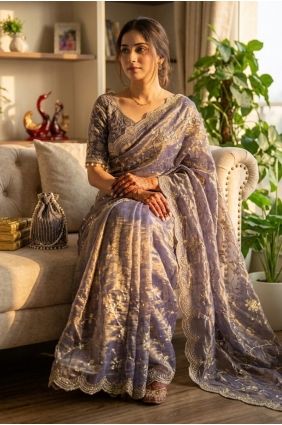 Lavender Party Wear Saree with Embroidered Chiffon SR30055
