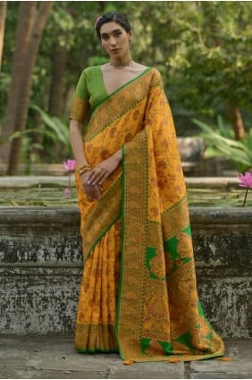 Pashmina Saree with Zari,weaving in Yellow SR29617
