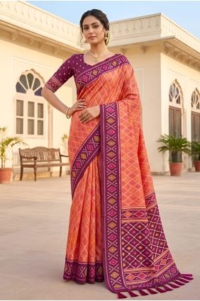 Saree in Carrot pink Patola silk with Embroidered SR30158