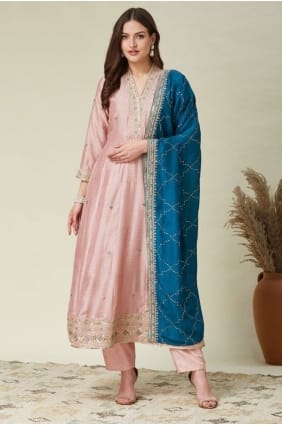 Embroidered Anarkali Suit in Peach Silk AS4238