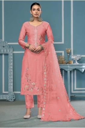 Peach Cotton Embroidered Salwar Kameez with Dupatta SK155358