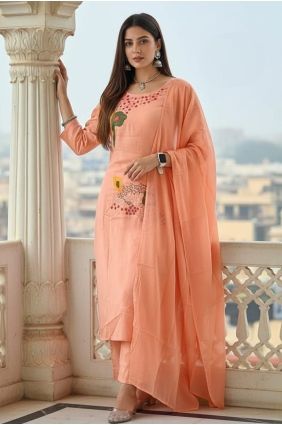 Cotton Salwar Kameez in Peach with Embroidered SK15675