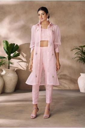 Peach Digital print Organza Straight Suit SK155295