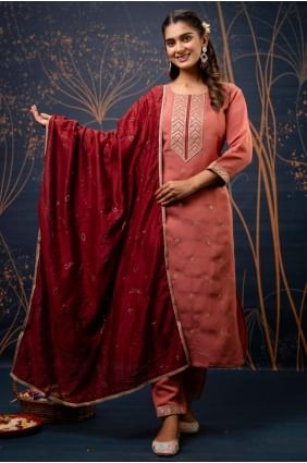 Peach  Embroidered Straight Pant Suit in Silk SK155611