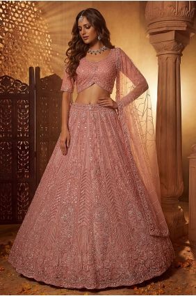 Embroidered Net Lehenga Choli in Peach with Dupatta LC9038