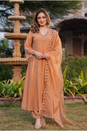 Straight Pant Suit in Peach Organza with Embroidered SK159220