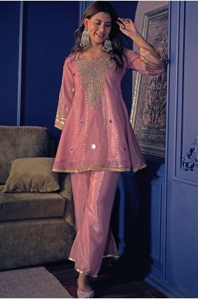 Embroidered Palazzo Suit in Peach Silk crepe PZ4459