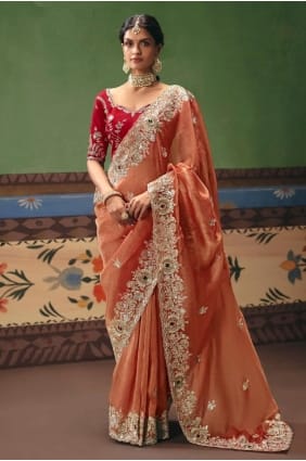 Sequins,stone with moti Saree in Peach Art silk SR29699