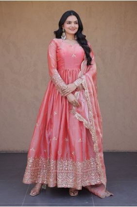 Peach Gown Dress in Silk with Embroidered GW1338