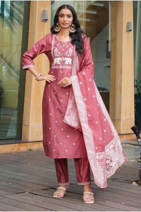 Salwar Kameez in Peach Silk with Embroidered SK155972