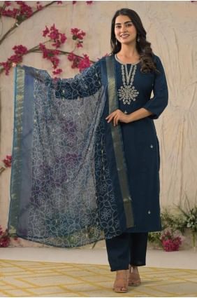 Petrol  Lace border Straight Pant Suit in Rayon SK155587