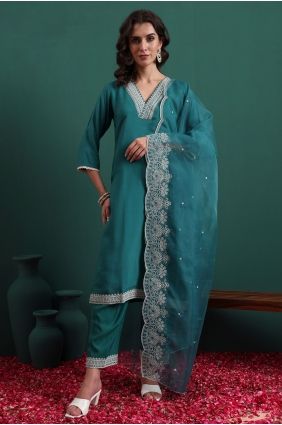 Pine green Straight Suit in Silk with Embroidered SK15730