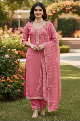 Chanderi Salwar Kameez in Pink with Embroidered SK15686