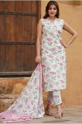 Pink Cotton Printed Straight Pant Suit with Dupatta SK155385
