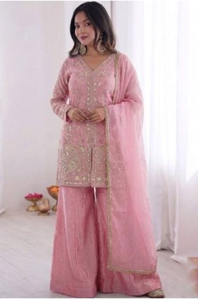 Satin Palazzo Suit with Embroidered in Pink PZ4515