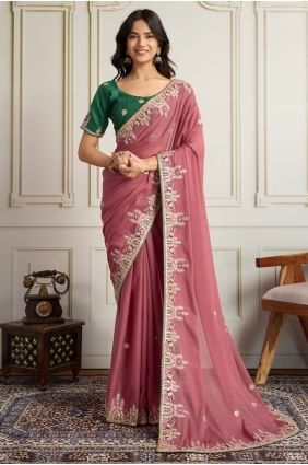 Embroidered Georgette Saree in Pink SR28925