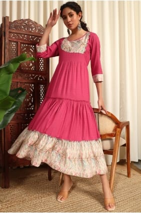 Rayon Gown Dress in Pink with Printed GW1199