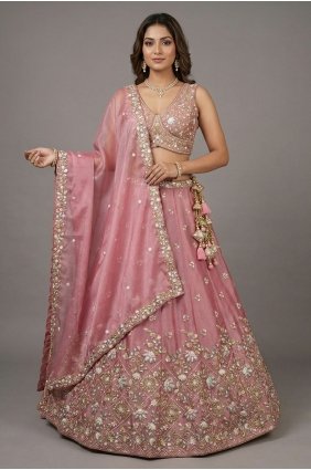 Tissue Lehenga Choli in Pink with Embroidered LC9208