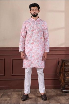 Pink Men Kurta with Digital print Linen KURR483