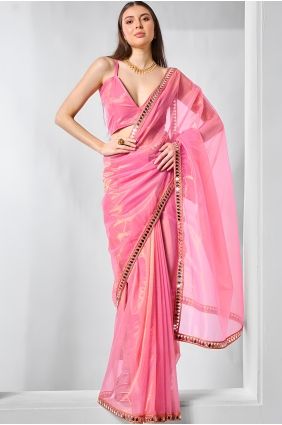 Pink Mirror Lace Net Saree with Blouse SR29824