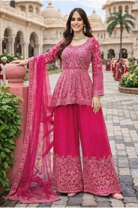 Pink Palazzo Suit in Chinon chiffon with Embroidered PZ4408