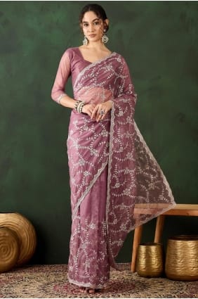 Organza Party Wear Saree in Pink with Embroidered SR29307