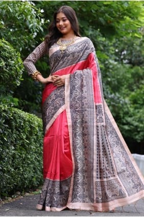 Printed Silk Saree in Pink with Blouse SR29619