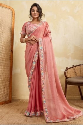 Lace Chiffon Saree in Pink with Blouse SR29591