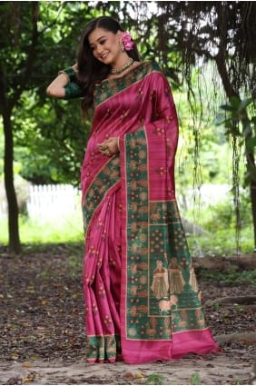 Pink Saree in Tussar silk with Printed SR29297