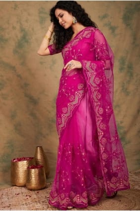 Pink Saree with Embroidered Net SR29280