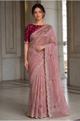 Satin Saree with Embroidered in Pink SR30231