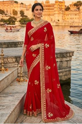 Red Hand Georgette Saree for Festive Wear SR29902