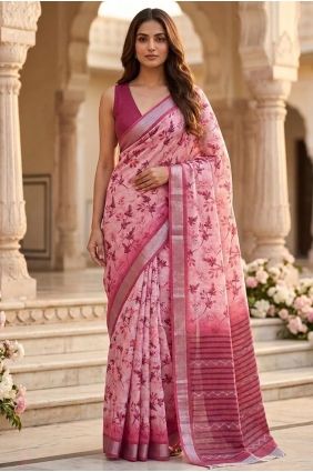 Printed Saree in Pink Linen SR30180