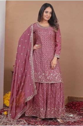 Pink Chiffon Sequins Palazzo Suit with Dupatta PZ4430