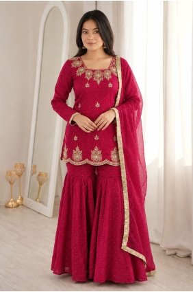 Embroidered Silk Pink Sharara Suit with Dupatta SS1406