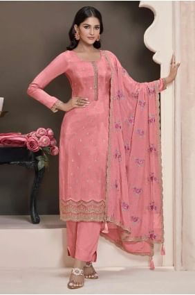 Pink Straight Pant Suit in Embroidered Silk SK155539