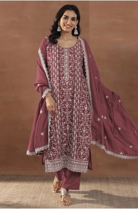 Pink Straight Pant Suit in Silk with Embroidered SK159213