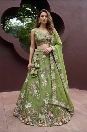 Embroidered Tissue Pista Lehenga Choli with Dupatta LC9195