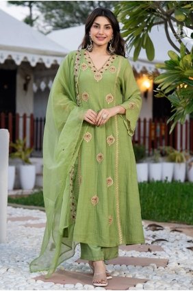 Organza Straight Pant Suit in Pista with Embroidered SK159221