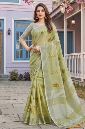 Linen Saree in Pista green with Embroidered SR29945